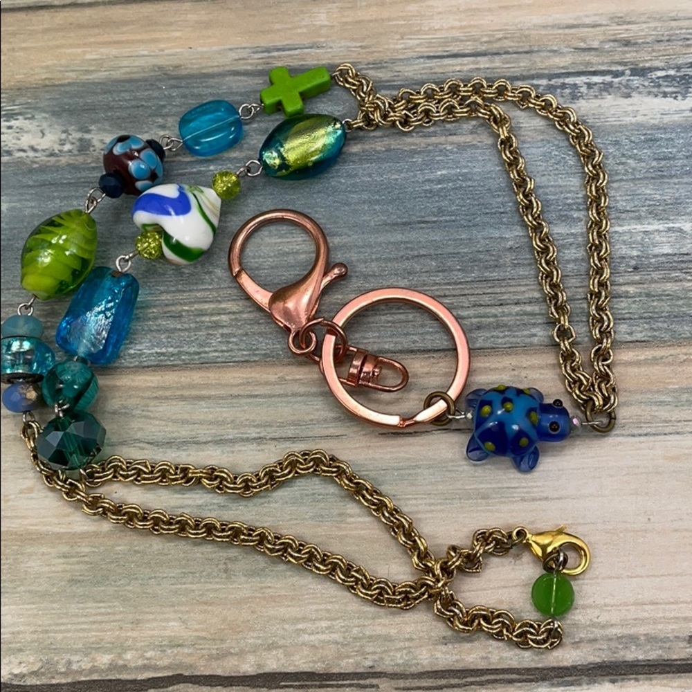 ⭐️Adorned Crown assemblage green blue  bead keychain badge lanyard
